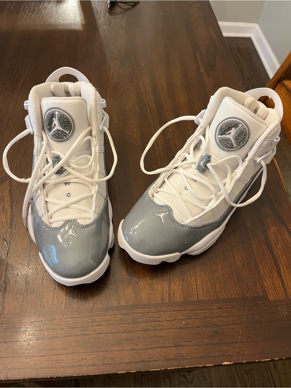 Jordan High-Top Sneakers in White and Grey Patent